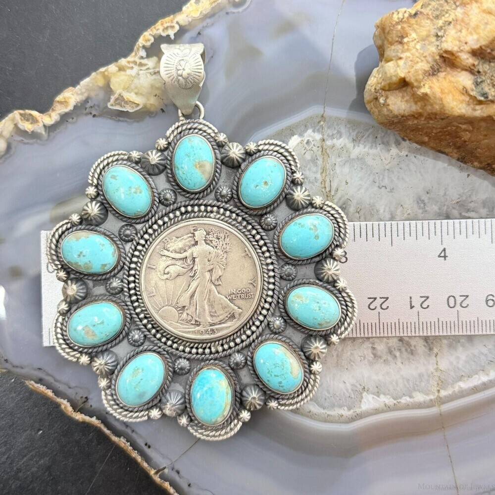 1943 Genuine 90% Silver Walking Liberty Half Dollar Coin w/Turquoise Uni Pendant - Picture 9 of 10